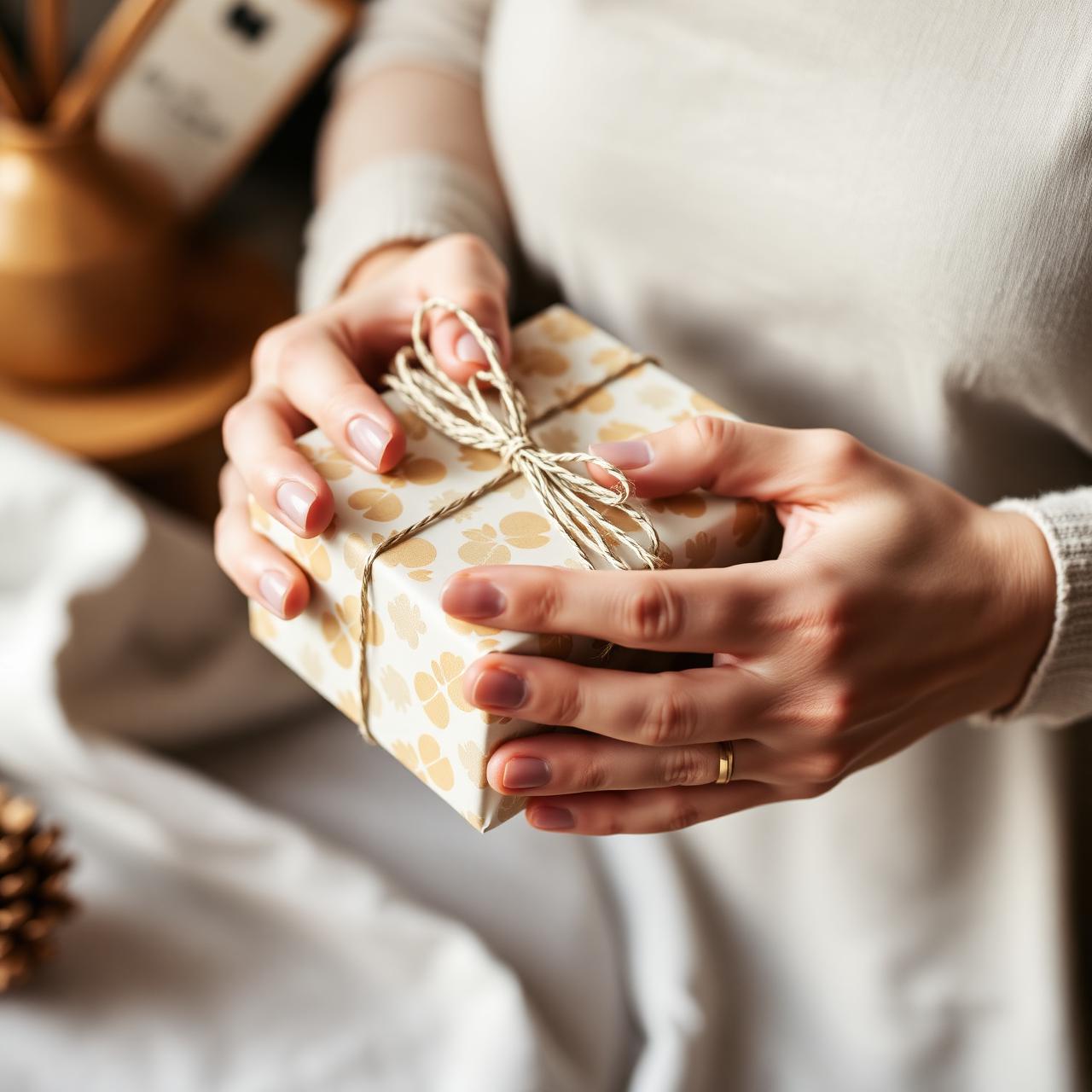 Hands wrapping a gift with botanical patterned paper